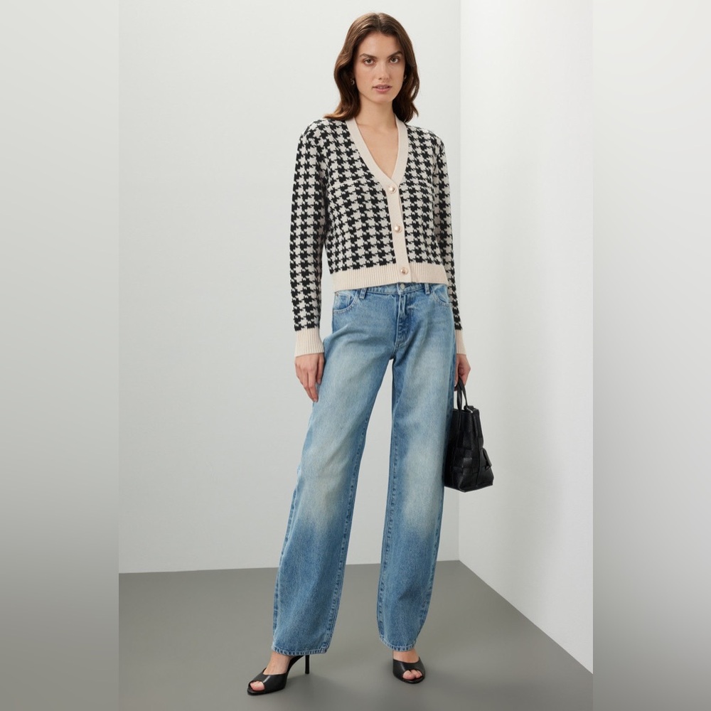 Derek Lam Houndstooth Cropped Wool Blend Cardigan Pearl Button Black Cream